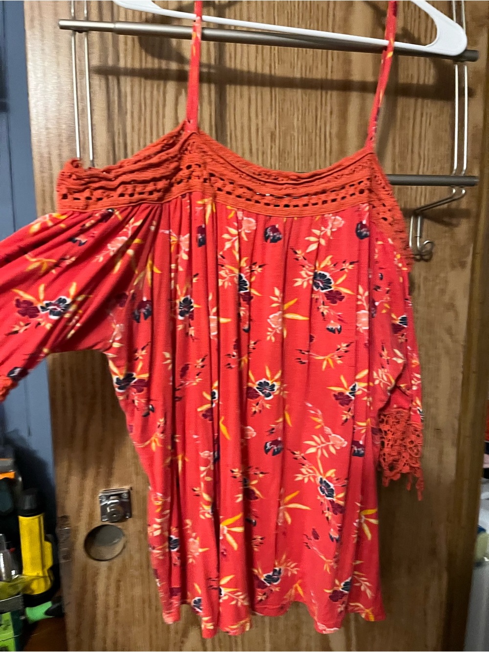 Rue21 Coral Red Floral Cold-Shoulder Crochet Trim Camisole